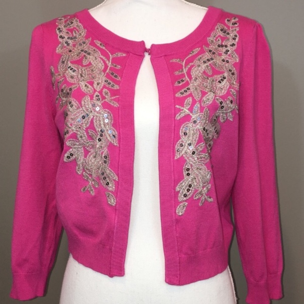 Pretty pink w/ silver embroidery cropped sweater